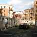 Al centro spicca lo scheletro di unauto bruciata al cui fianco si trova un cane randagio. Alle spalle gli alti e colorati palazzi del quartiere Madonnella 